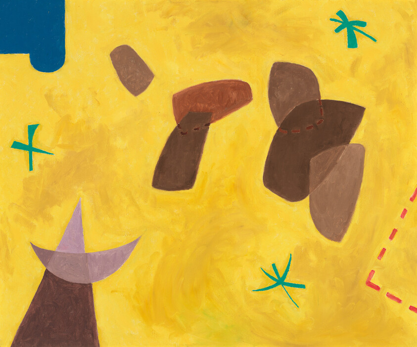 Abstract yellow background with brown rock-like shapes and teal starburst marks scattered across.