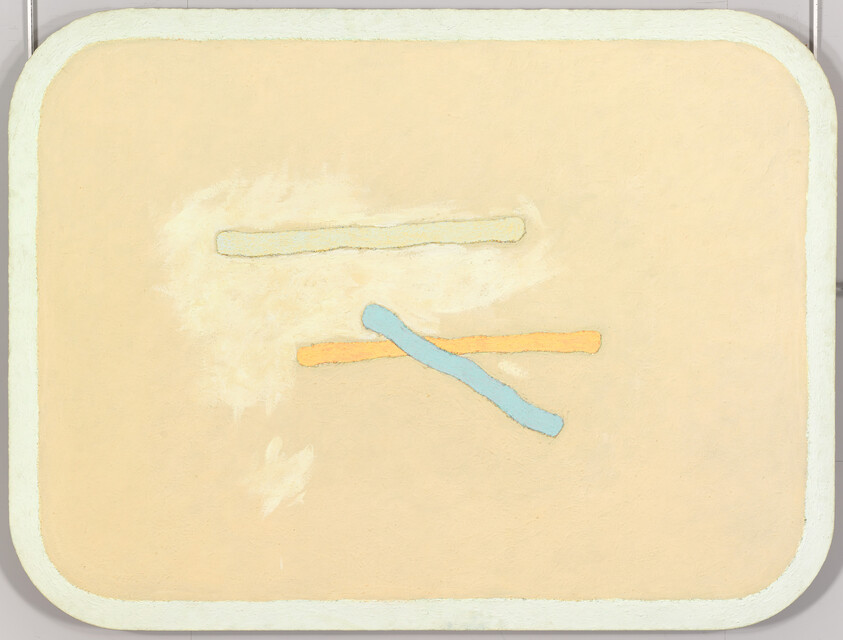 Abstract painting with three short colored bars — pale yellow, orange, and blue — on a beige field.