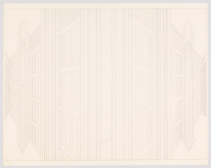 Symmetrical fine-line drawing of tall building facades seen from a central corner perspective.