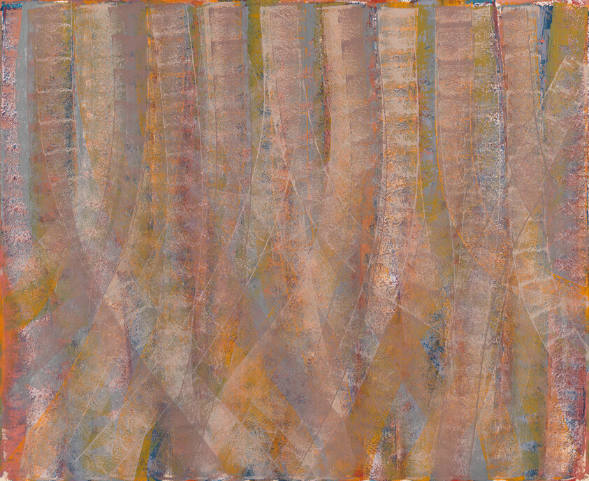 Muted earth-toned abstract painting with overlapping vertical curved bands and textured, weathered surface.