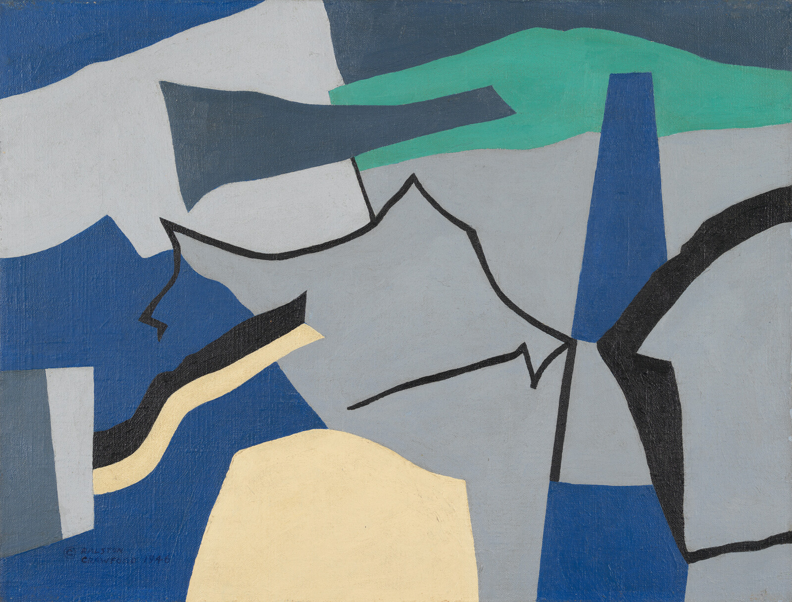 Abstract composition of blue, gray, teal, and beige shapes connected by thin black lines.