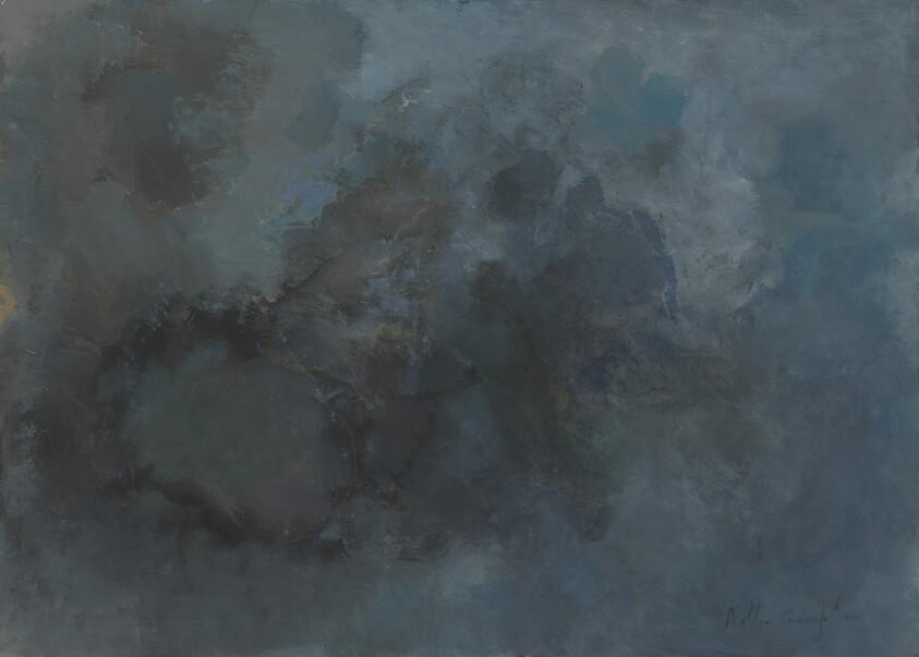 Abstract blue-gray painting with textured cloudy shapes and subtle dark circular forms.