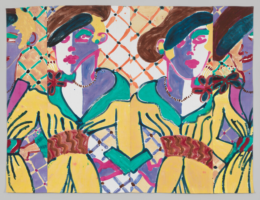 Two stylized women in yellow dresses stand mirrored against a patterned lattice background.