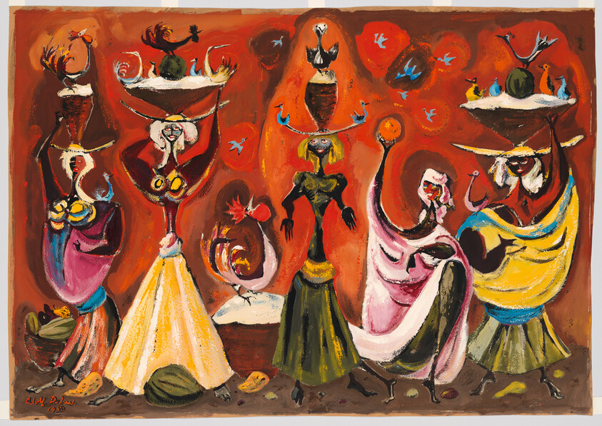 Five women carrying baskets with birds and fruit while dancing against a warm orange background.