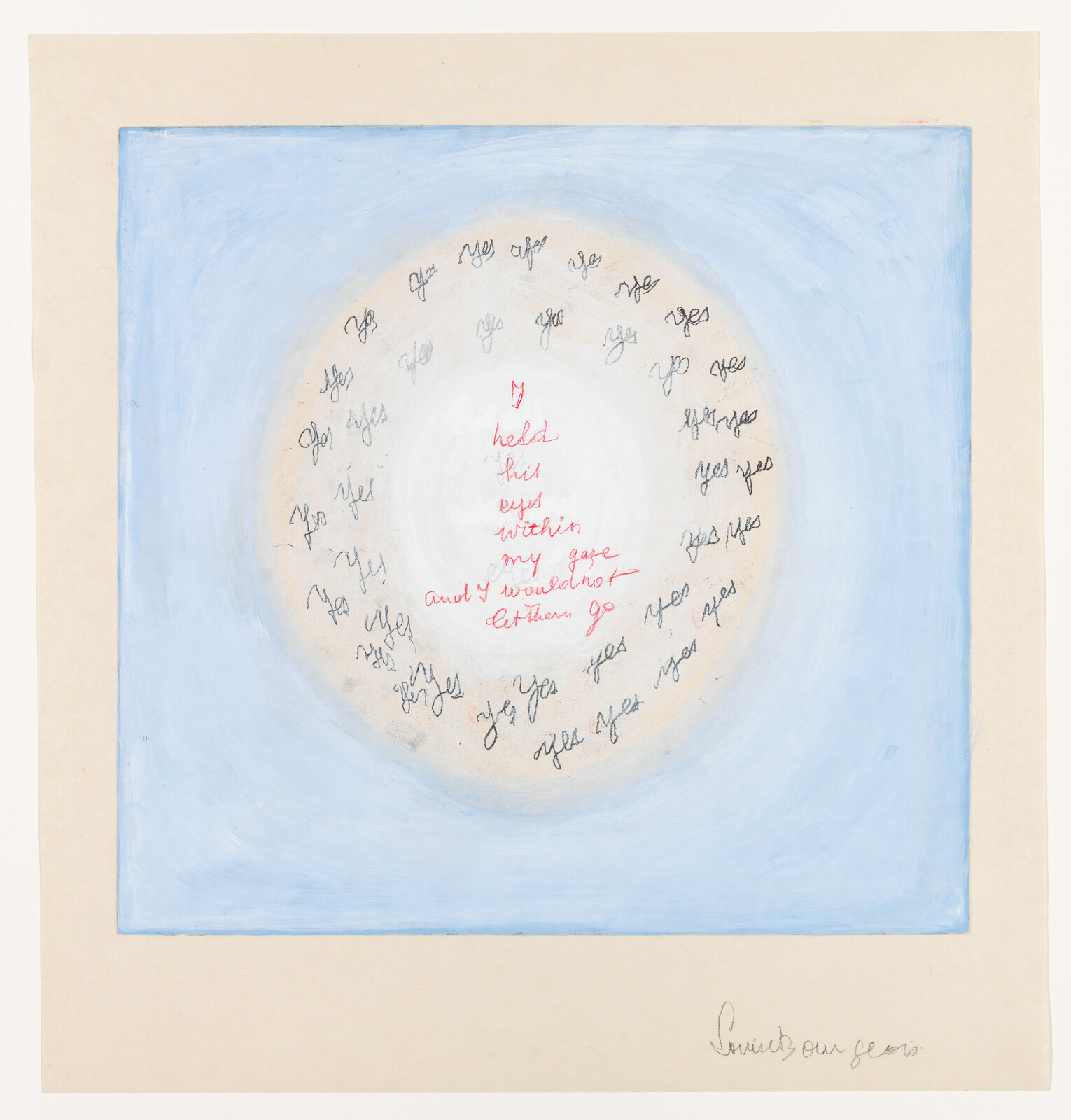 A pale blue square framing a circular cluster of handwritten yes marks around a red central poem.