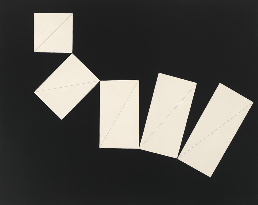 Five white geometric shapes tilt and stagger across a solid black background, forming a linked chain.