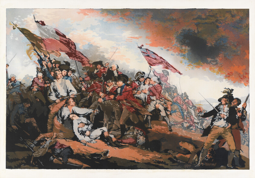 British redcoats and colonial militiamen clash on a hill as wounded men lie among waving flags.