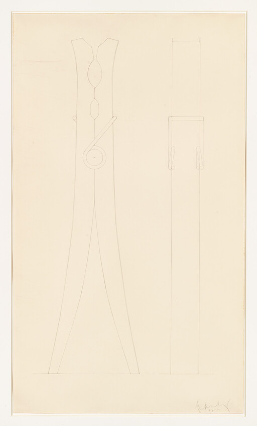 Tall, minimalist technical drawing of a wooden clothespin with spring and side profile.