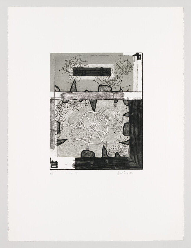 Abstract black-and-white composition with overlapping geometric shapes, scribbled lines, and textured rectangular frames.