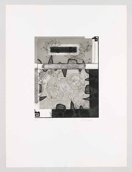 Abstract black-and-white composition with overlapping geometric shapes, scribbled lines, and textured rectangular frames.