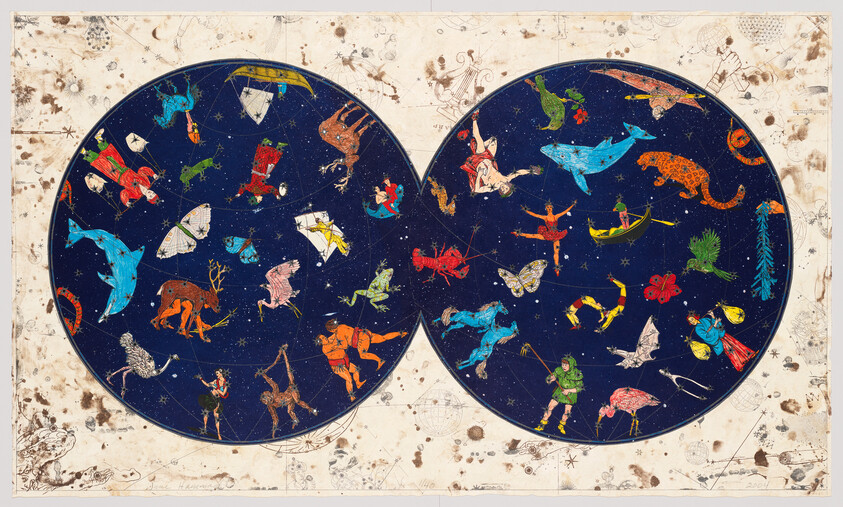 Two circular star charts filled with colorful mythological constellations against a dark blue background.