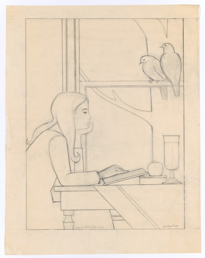A person sits at a table, reading a book, with two birds perched on a window ledge.
