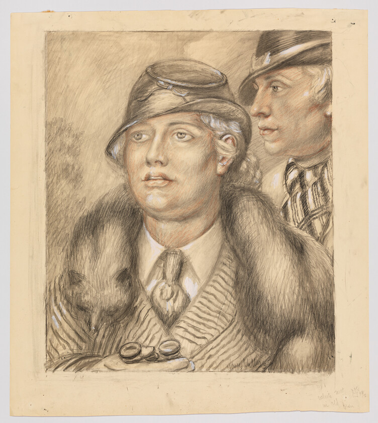 Woman in fur coat and cloche hat holding opera glasses with a man leaning close behind her.