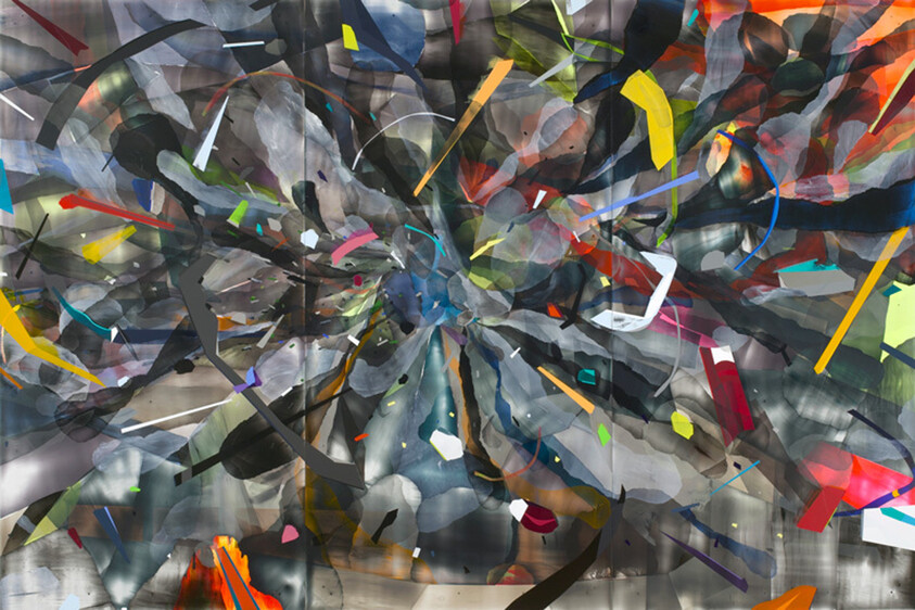 A swirling burst of gray and colorful fragments radiates outward like abstract confetti and ribbons.