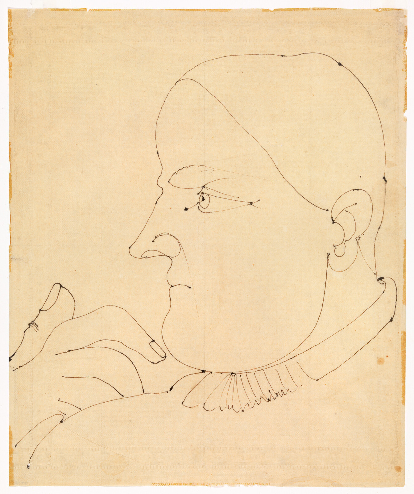 Profile of a person with hand raised to chin in a simple pen line drawing.