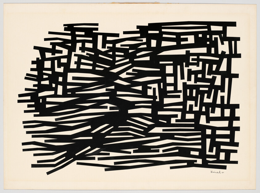 Black rectangular bars overlap in a dense, maze-like pattern on a white background.