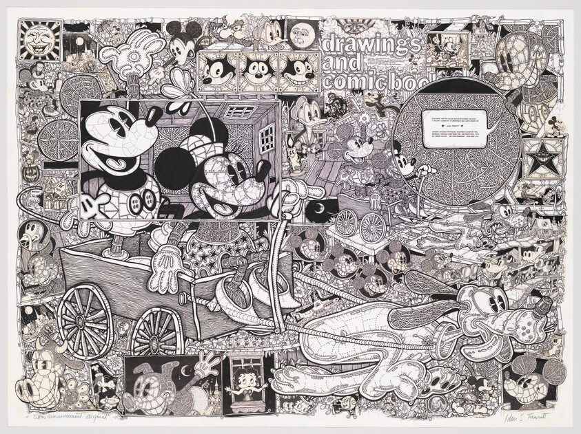 Intricate black-and-white comic collage featuring Mickey Mouse and Pluto in a cart among many panels.