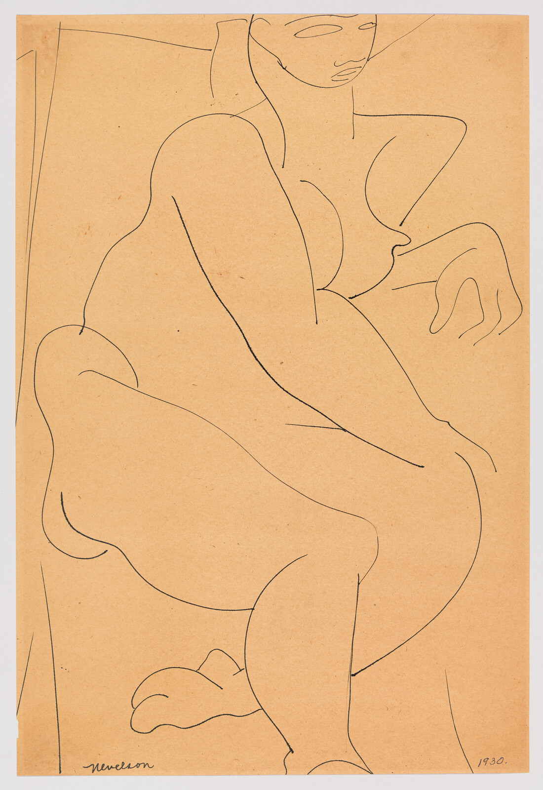 A nude woman sits in a relaxed, curled pose drawn with simple black lines on tan paper.