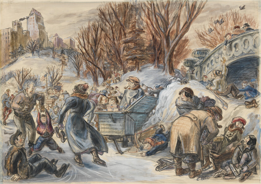 Families and children ice skating and falling near a vendor cart under a snowy bridge.