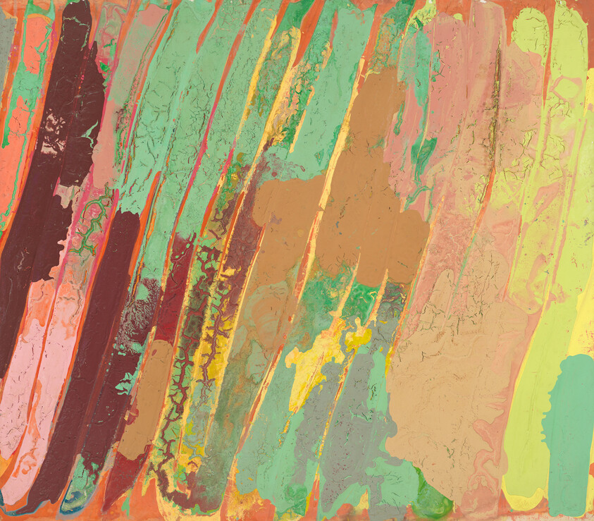 Thick diagonal paint stripes in green, pink, yellow, brown, and blue with textured layering.