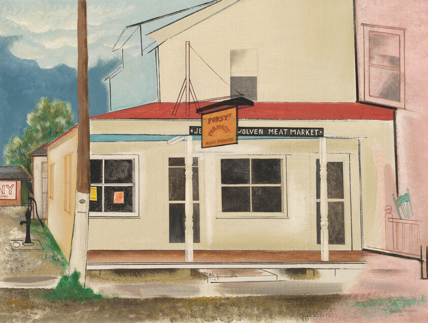 Small storefront with a red roof and sign reading "Wolven Meat Market" on a quiet street.