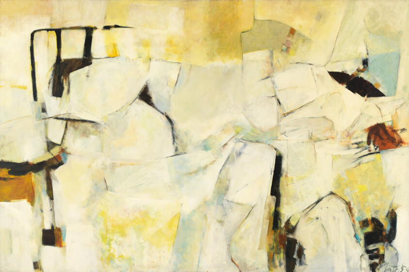 Large abstract painting with pale yellow and cream shapes fractured by dark brushstrokes and accents.