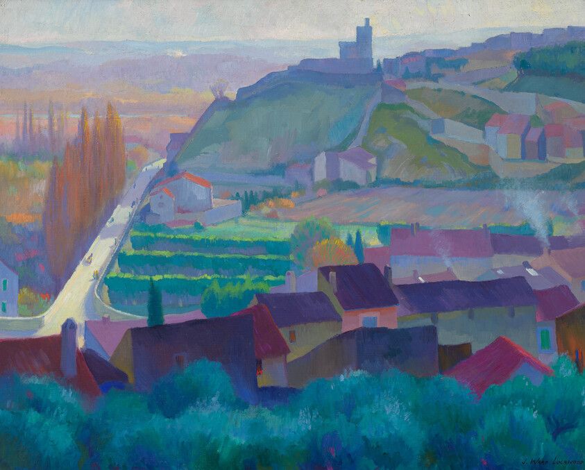 Impressionist-style painting depicting a colorful rural landscape with houses in the foreground, a road winding through the middle, and a hill with a castle-like structure in the background under a hazy sky. The artist's signature is visible in the bottom right corner.