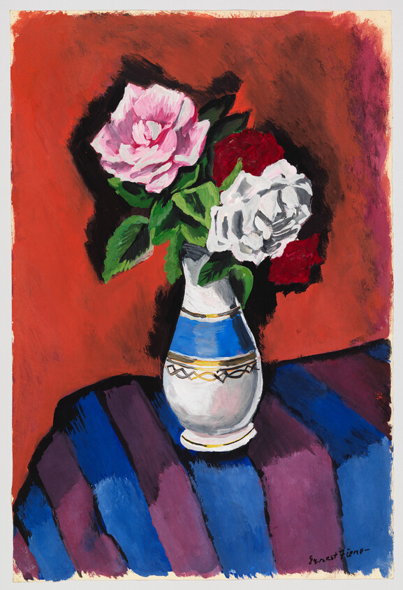 White and pink roses in a blue-and-white vase on a striped blue and purple tablecloth.