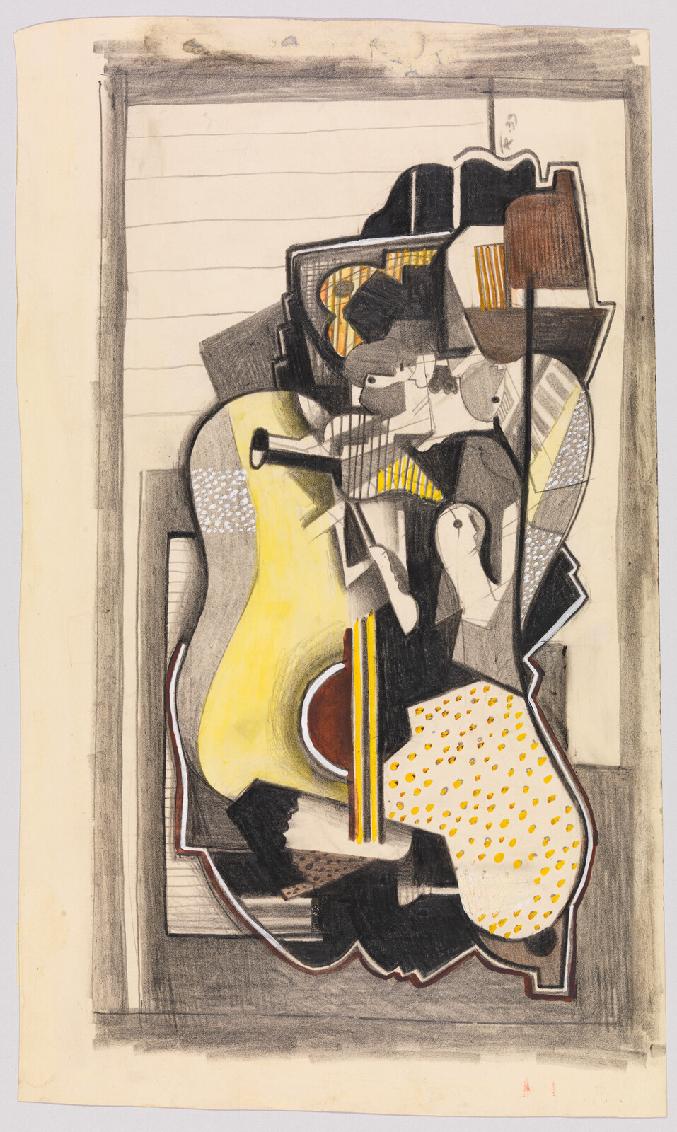 A cubist-style yellow acoustic guitar fragmented into abstract shapes and patterns within a rectangular frame.