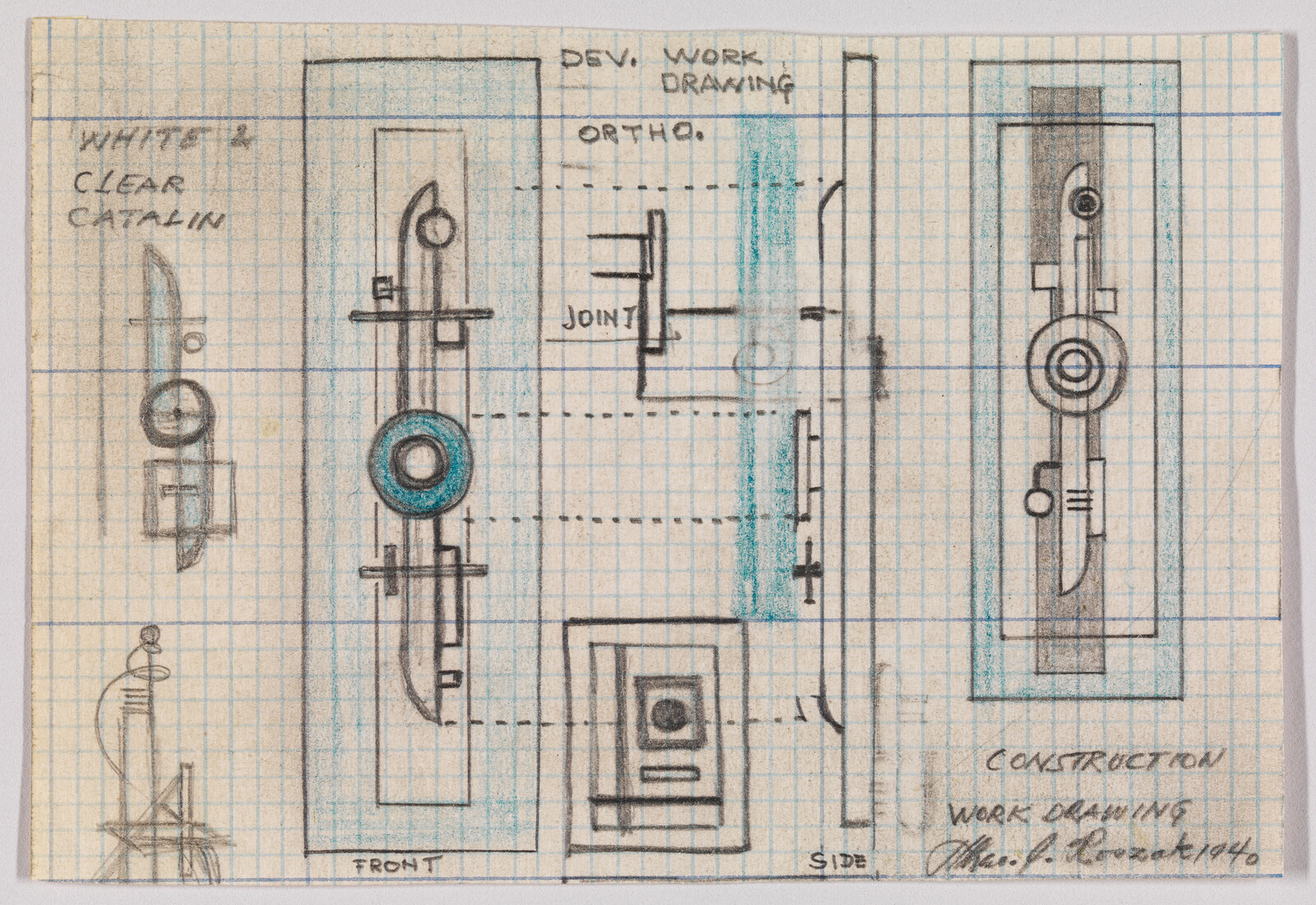 Hand-drawn technical sketch of a vertical mechanical assembly with circular joint and side views.