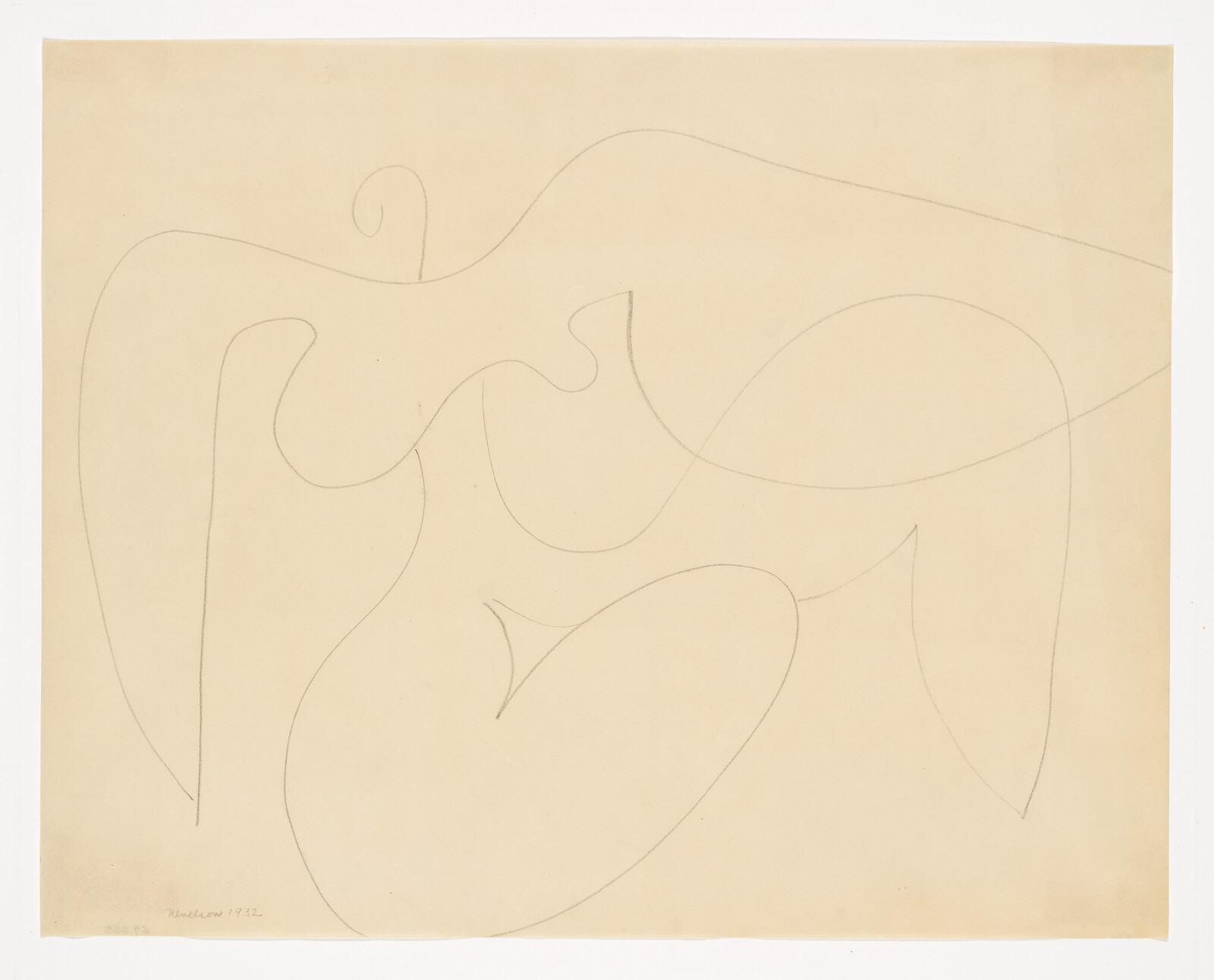 Delicate continuous pencil lines form large abstract organic shapes across a pale beige sheet of paper.