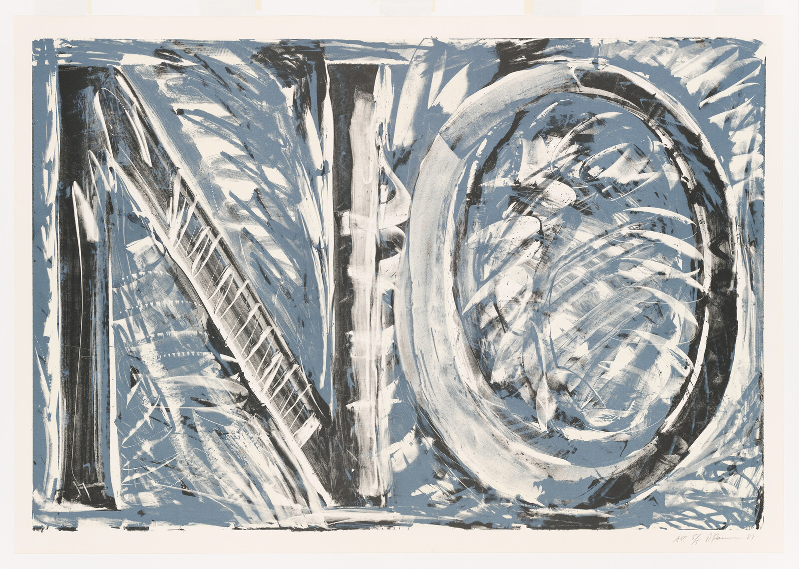 Large abstract painted letters "NO" formed with energetic blue, black, and white brushstrokes.