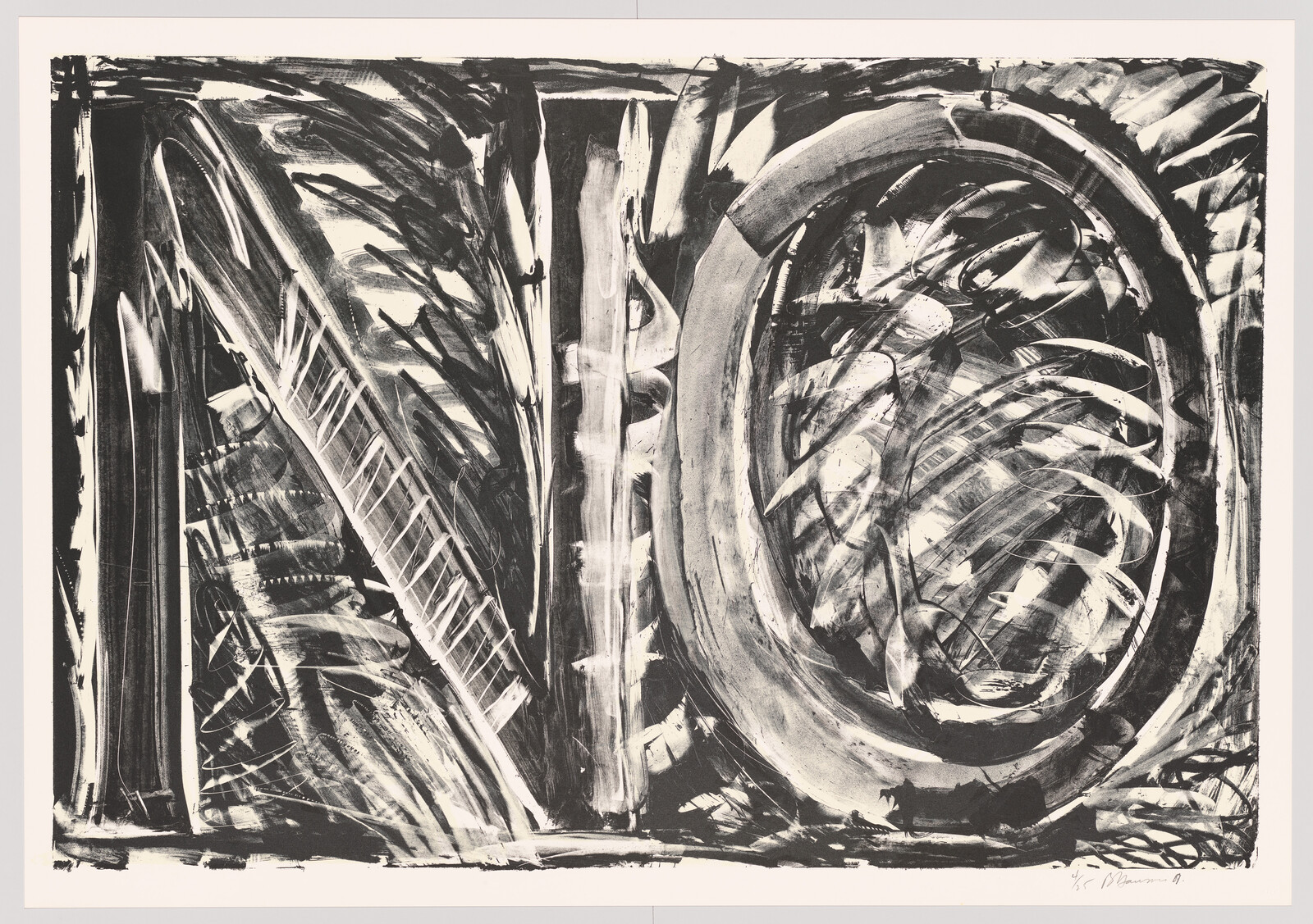 Abstract black-and-white painting with bold brushstrokes forming large sweeping curved and diagonal shapes.