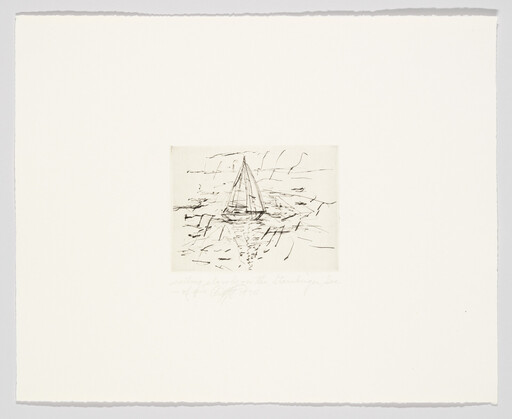 A small sailboat sketched in ink drifting on choppy water with reflected lines.