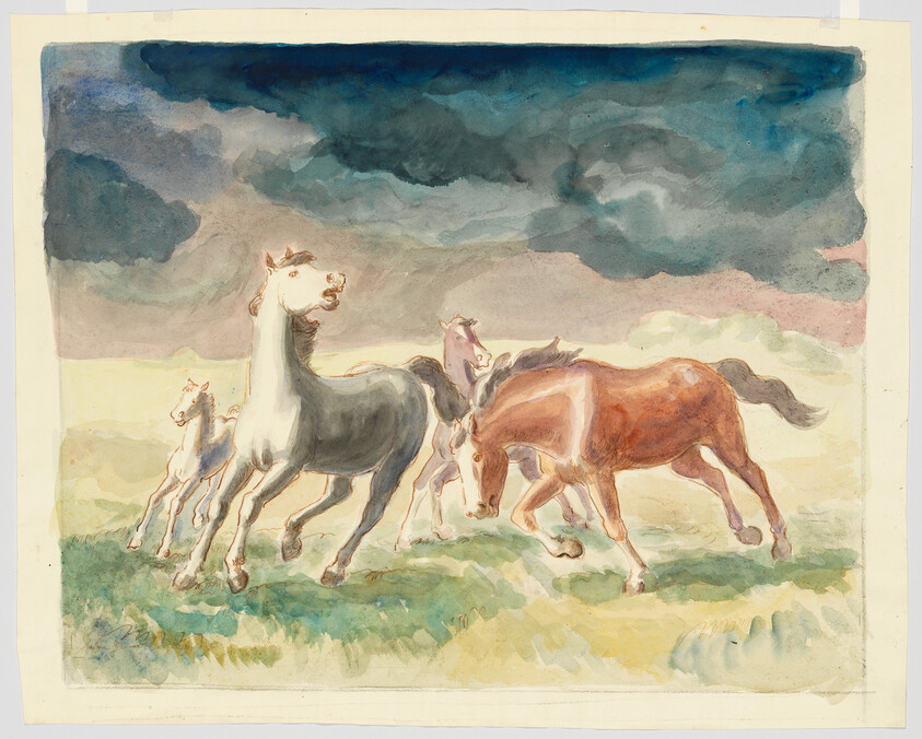 Four horses gallop across a grassy field under a dark, stormy sky.