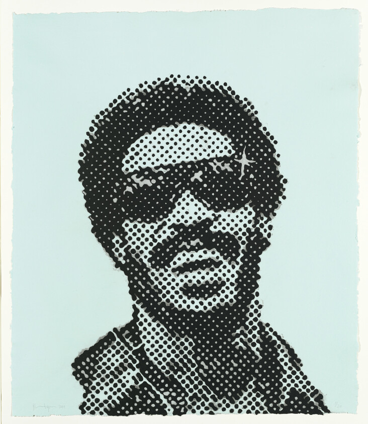 Halftone portrait of a man with an afro, sunglasses, and a mustache.