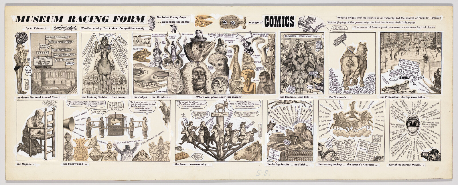 A comic strip titled "Museum Racing Form" shows various museum objects as racehorses, with humorous captions and speech bubbles.