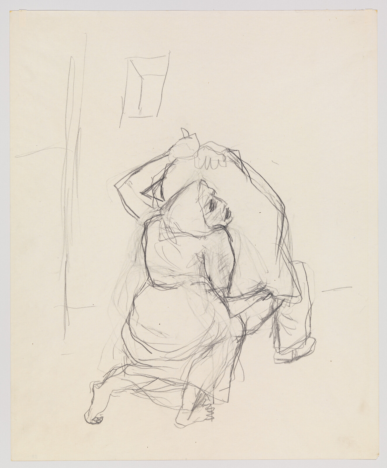 Two figures in a loose pencil sketch, one kneeling and embracing the other.