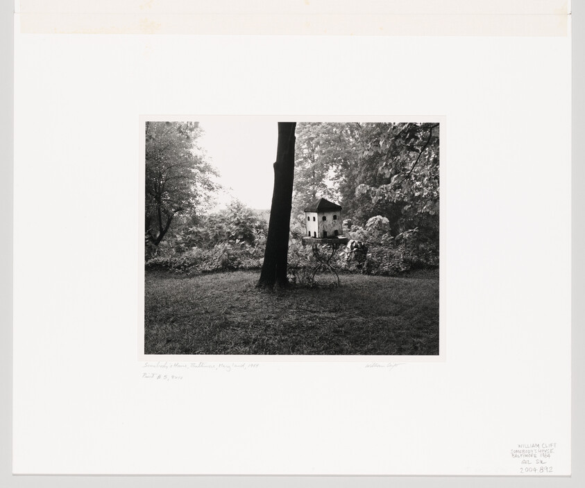 Small two-story birdhouse on a stand beside a tree in a grassy backyard.
