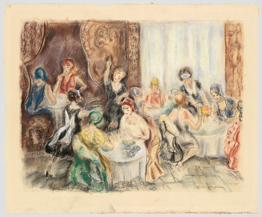 Women in elegant dresses socialize and drink tea at tables while a server attends them.