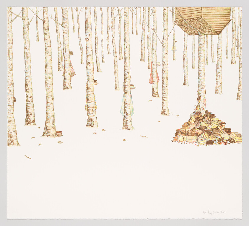 Coats hang on birch trees around a large pile of hats in a snowy forest.