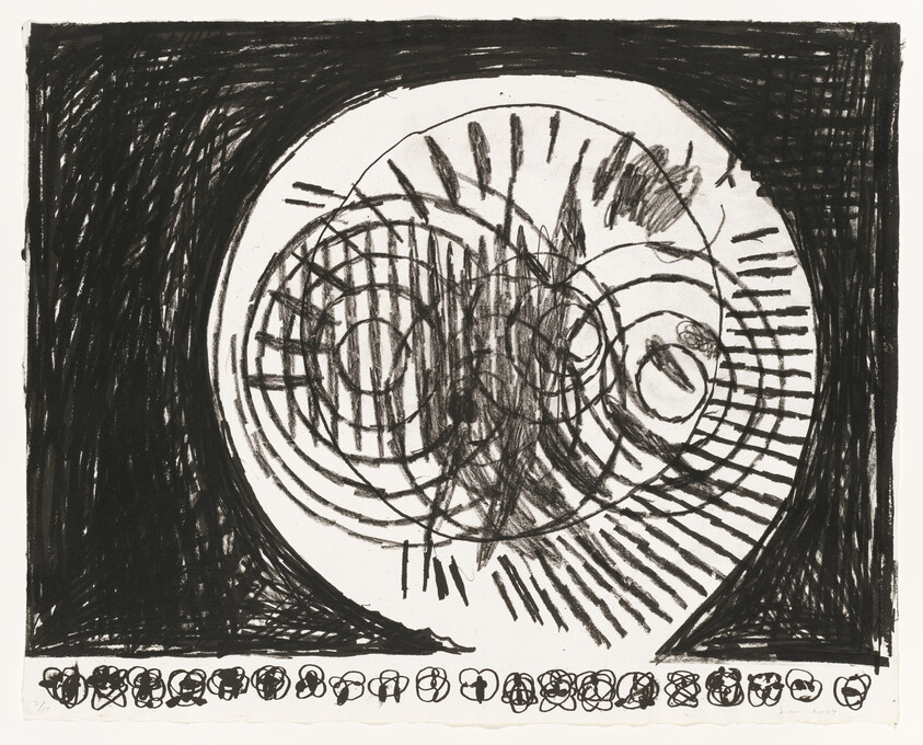 Large circular scribbled pattern dominates center of dark background with small marks along bottom.