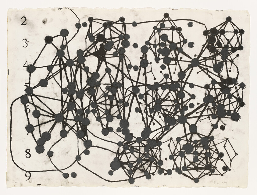 A dense network of black dots and connecting lines forming complex clusters on aged paper.