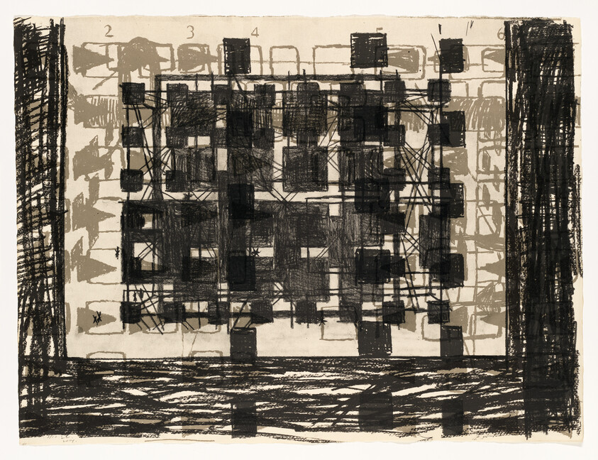 Dense grid of black squares connected by scribbled lines within a rough dark rectangular frame.