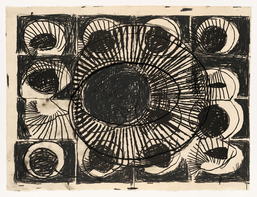 Large dark circle with radiating black lines overlays a grid of smaller circular shapes.