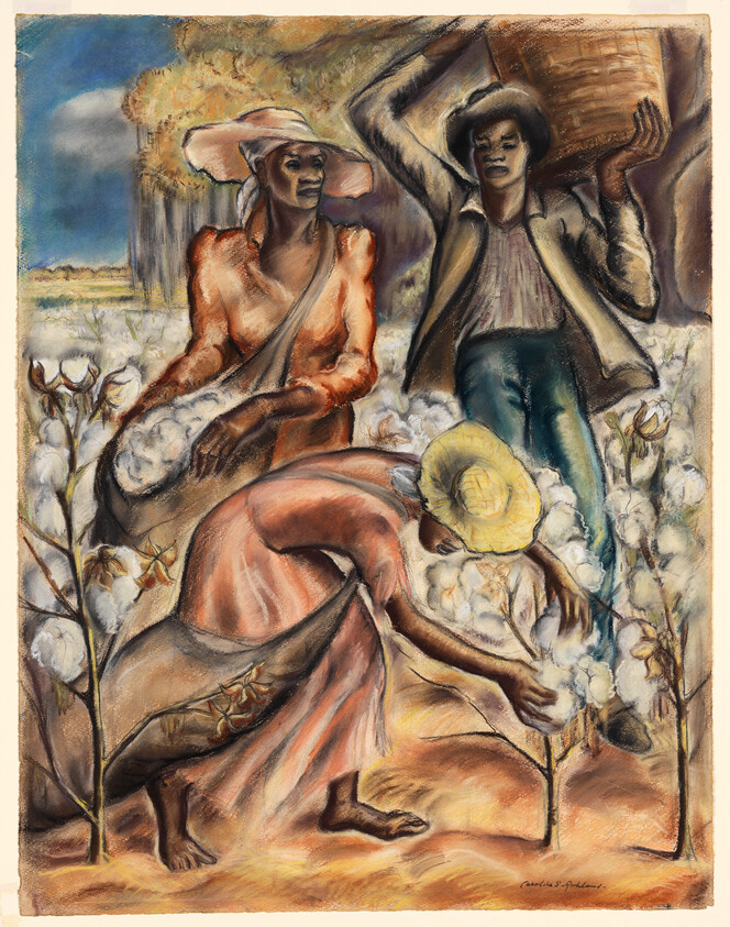 Three field workers pick cotton among tall plants, one carrying a large basket on his shoulder.