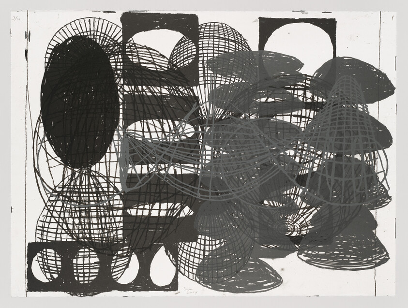 Overlapping wireframe spheres and dark ovals create a dense abstract grid pattern across the page.