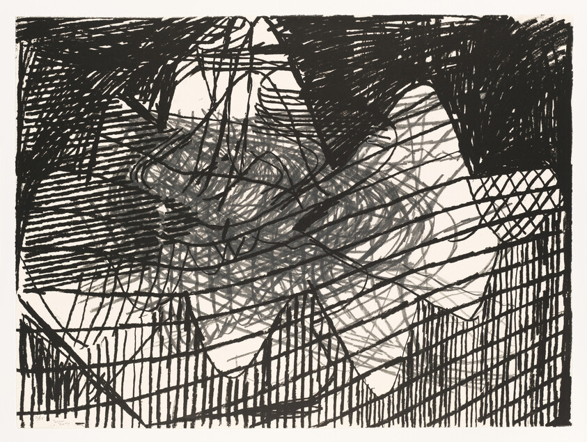 Dense black pen scribbles and crosshatched lines forming overlapping star-like and triangular shapes.