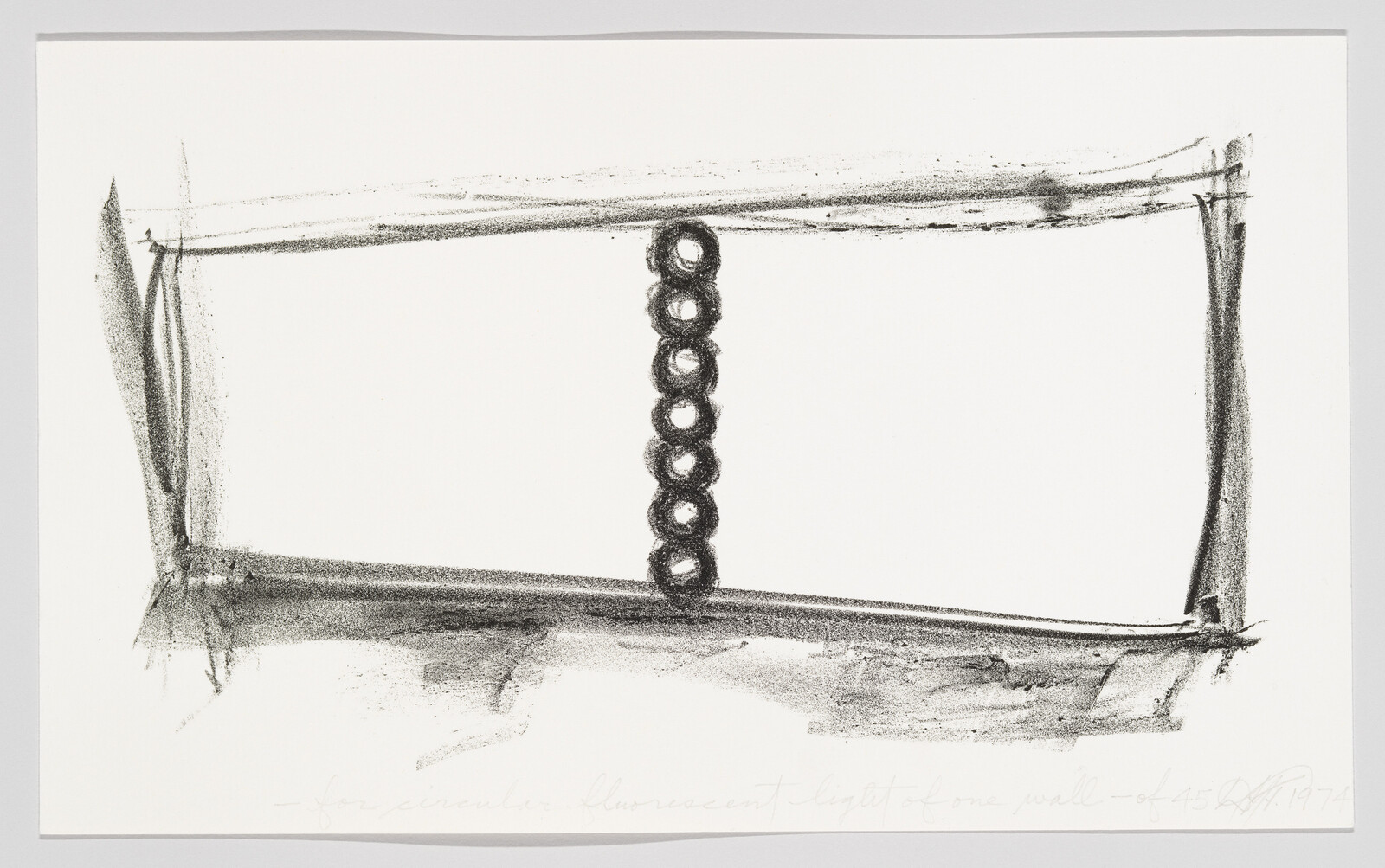 Charcoal sketch of a rectangular frame with a vertical column of seven dark circles in the center.