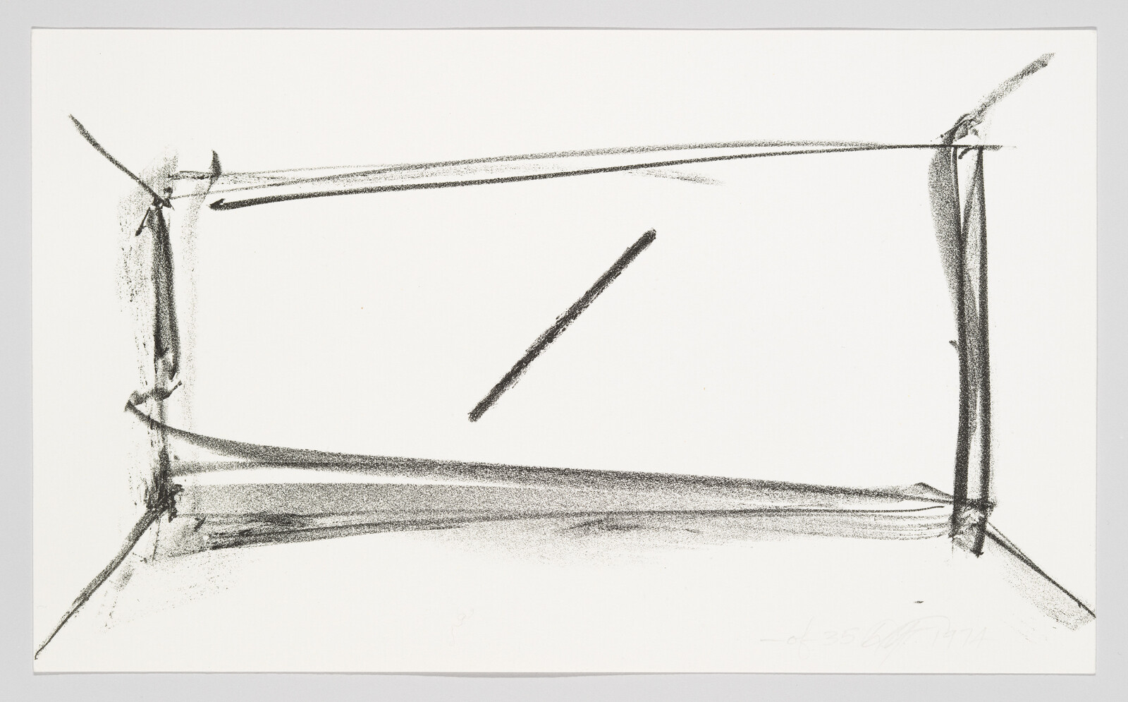 Charcoal sketch of a rough rectangular frame with a single diagonal stroke in the center.